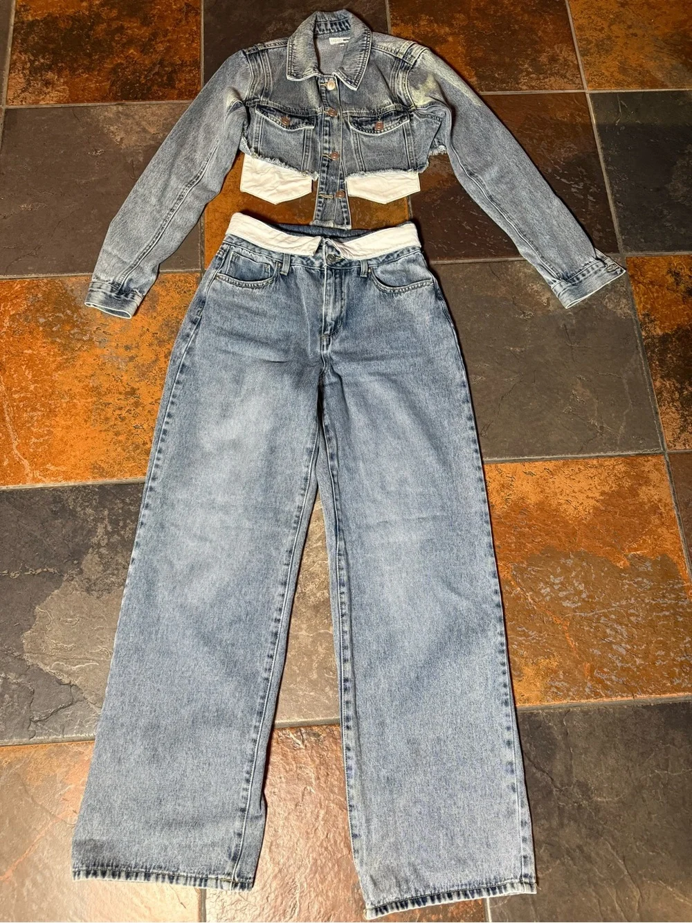 Fashion Nova Light Blue Cropped Denim Jacket & High-Waist Jeans Set